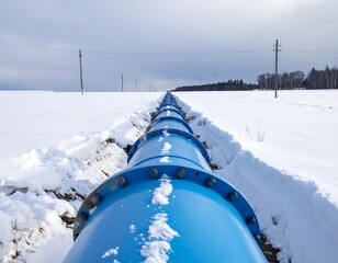 Blue pipeline stretching across snowy landscape