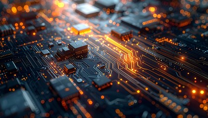 Intricate circuit board design with glowing orange pathways, showcasing complex technological components.