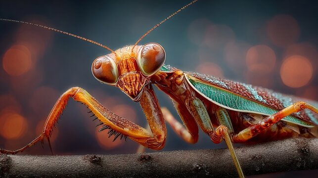 Praying mantis watching from a branch macro view