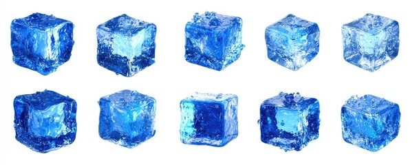 Fototapeta premium Twelve blue ice cubes, various perspectives