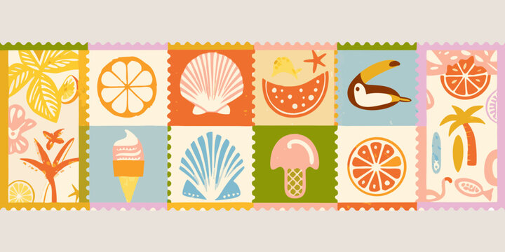 Whimsical summer vacation stamp collection featuring tropical fruits seashells and ice cream
