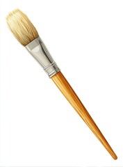 Fototapeta premium A paintbrush with a light beige/cream-colored, fluffy brush head and a light brown wooden handle. The metal ferrule is a light gray