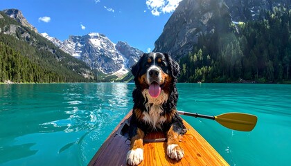 A cheerful dog enjoys a scenic kayak ride on a turquoise lake, surrounded by majestic mountains.
