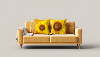 Cozy yellow sofa with sunflower patterned throw pillows in a modern living room