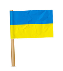Ukraine paper flag with wooden pole realistic 3d illustration. Hand flag of Ukraine transparation png
