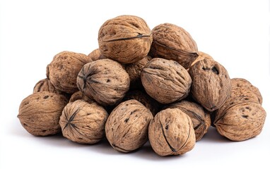 Pile of walnuts against white background