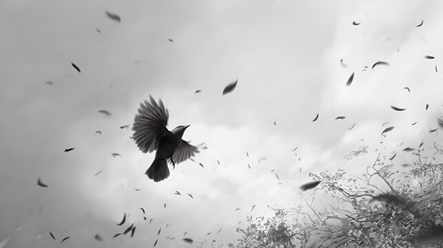 A grayscale image of a bird in flight surrounded by falling feathers against a cloudy sky backdrop - Powered by Adobe