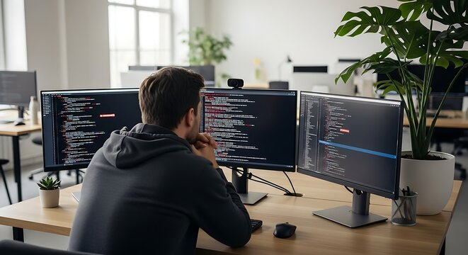 Person Coding on Multiple Computer Screens