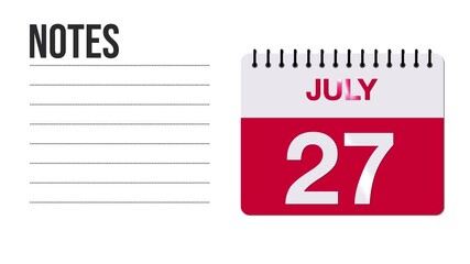 July 27 Calendar Animation with Free Space for Notes and Writing 4K motion graphic element