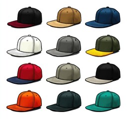 Twelve baseball caps in various colors, showing a contrasting brim color