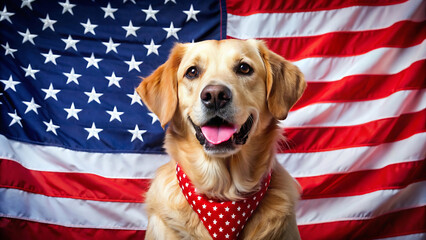 Golden retriever wearing a patriotic bandana with an american flag in the background smiling happily