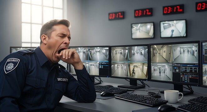 Security Guard Yawning in Front of Surveillance Monitors