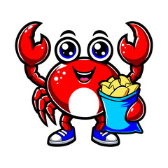 Cheerful Cartoon Crab Mascot Holding Chips