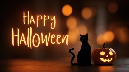 Happy Halloween greeting with a glowing pumpkin and a black cat silhouette.