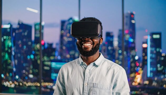 Man wearing VR headset, smiling, city view