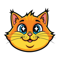 Cheerful Feline Portrait: An adorably expressive cartoon cat head radiates pure joy and happiness. With bright, sparkling eyes and a playful grin.