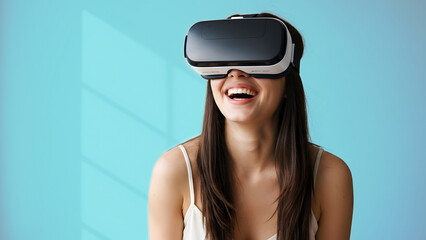 Naklejka premium Person using VR headset gaming: Young woman smiling while using virtual reality headset indoors, photo with space for text