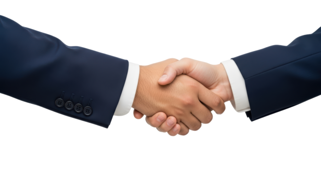 Isolated handshake symbolizes business success, agreement, deal; two men, partnership, suit