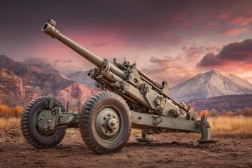 Howitzer artillery gun commands power and intensity outdoors for striking military-themed visuals.
