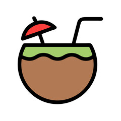 Coconut drink with straw and small umbrella on transparent background