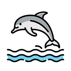 Cartoon dolphin jumping above wavy water line on transparent background © rashed