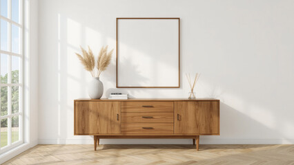 Empty picture frame with flower vase on wooden counter with white wall background