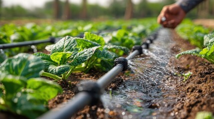 Fototapeta na wymiar Farmer using drip irrigation on vegetable field representing sustainable agriculture water conservation eco farming practices and authentic rural environment resource management