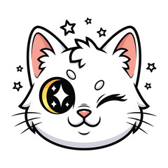 Whimsical Kitty: A charming and playful illustration of a cute winking cat, adorned with stars, embodying joy and magic.