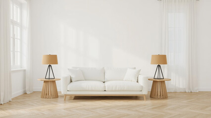 Modern living room with white sofa and empty wall for design.