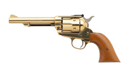 Isolated golden six-shooter gun with wood handle for cowboy style, historic weapon