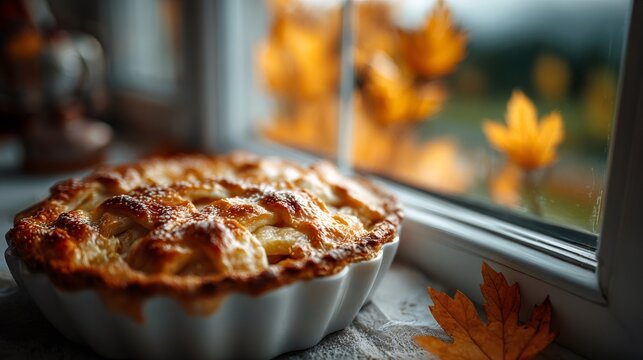Apple pie baking by window during autumn