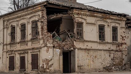 ruined street and destroyed houses the city Kiev war in Ukraine