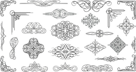 Vector art of assortment of ornate black and white decorative elements and corners