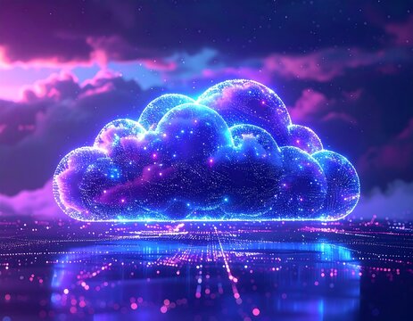 Abstract glowing cloud graphic over city lights
