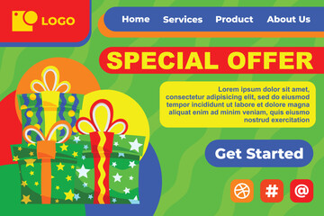 Gift Box in Various Bright Color for Special Offer Web Landing Page Banner Flat Cartoon Background