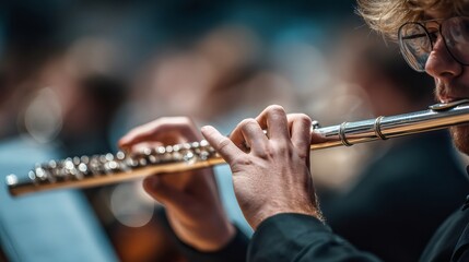 Musician playing flute in a classical music orchestra