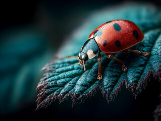 Fototapeta premium Close - up of ladybug on leaf, natural insect ecological element