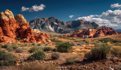 Fototapeta premium Desert landscape, vibrant red rock formations. Vast, arid valley, mountains beyond