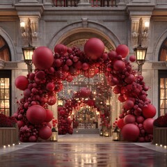Festive archway entrance decorated with numerous deep red balloons