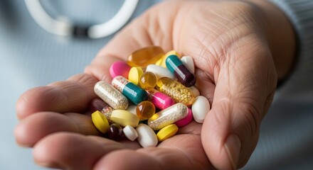 A pile of pills in an elderly hand, Taking pills in old age, Pension and pills, Pills for adults, Medical care for the elderly, Health. High quality