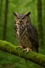Naklejka premium Owl resting on mossy branch in forest