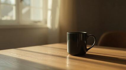 Mug of black coffee on wooden table in front of windows