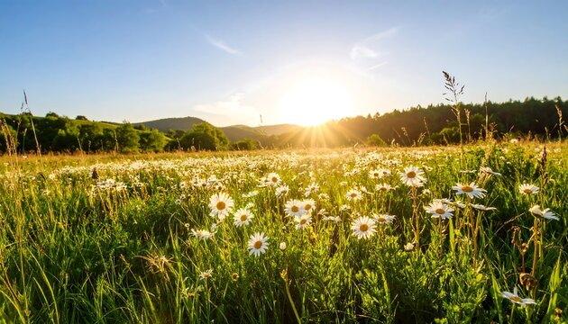 Sunny meadow of daisies at sunset - Powered by Adobe