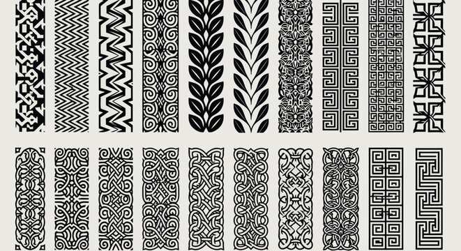 Vector art of assortment of decorative vertical ornamental border patterns in black