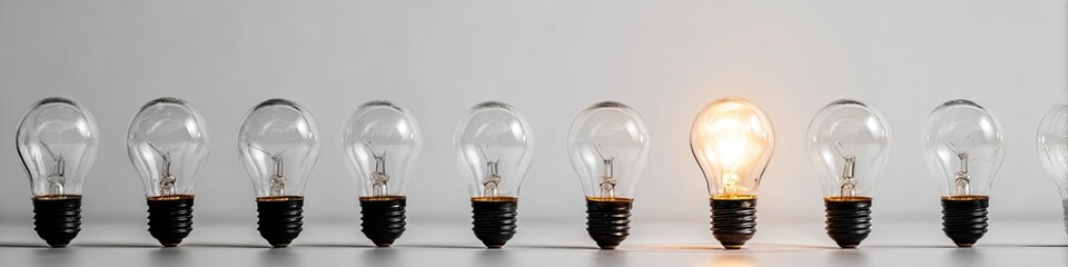 A single illuminated light bulb amongst many unlit bulbs
