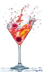 A vibrant cocktail martini with splashing liquid and fruit