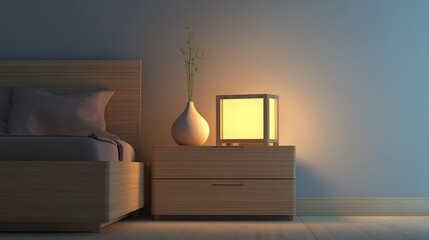 A corner of a modern minimalist bedroom featuring a bed and nightstand, bathed in soft natural ambient light.