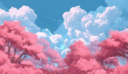 Pink-hued forest beneath a pastel sky