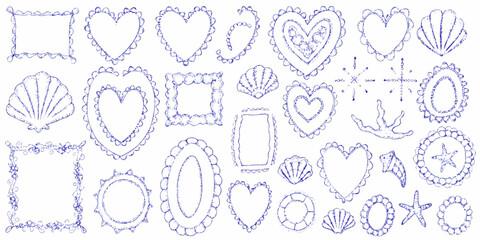 Collection of hand drawn blue ink frames and nautical elements including hearts shells and starfish