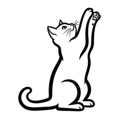 Playful Cat Silhouette: A simple black and white silhouette of a domestic cat, standing on its hind legs, paws playfully reaching upwards in a charming display of curiosity and agility.